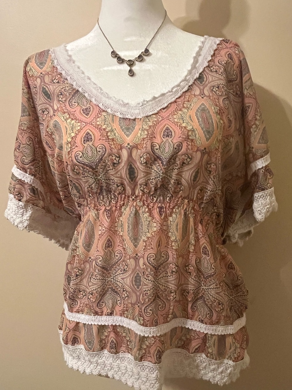 BONGO Women's Pink Paisley Crochet-Trim Blouse Size XL